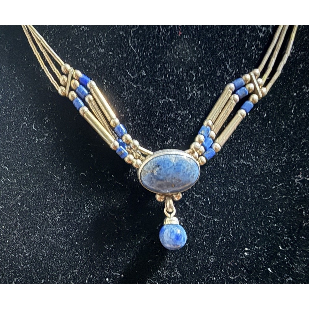 Vintage 70s / 80s Multi Strand Liquid Silver and Lapis Lazuli Q.T. Necklace 925